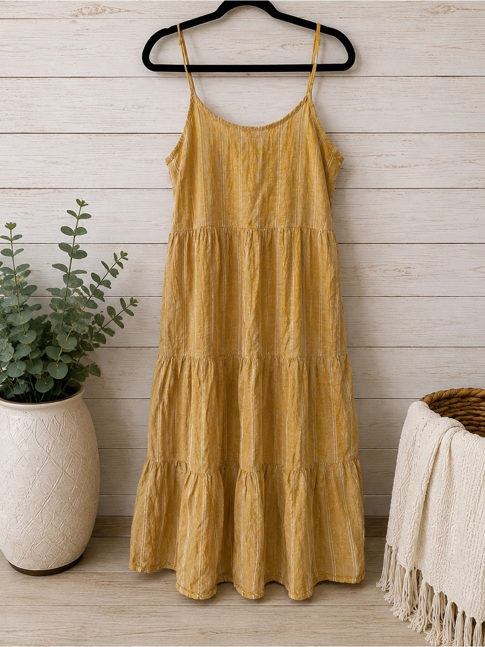 beachlunchlounge Mustard and White Striped Tiered Maxi Dress